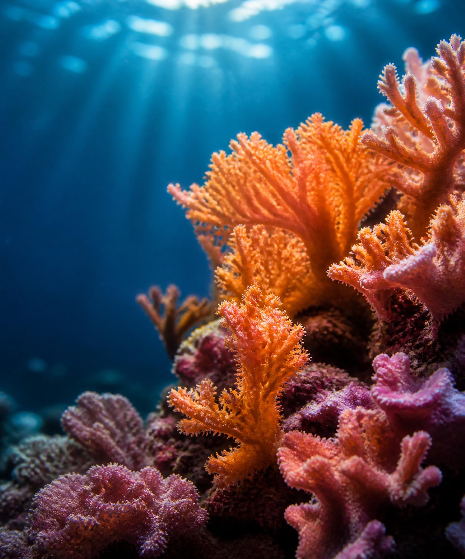 Light refracting through a vivid shallow coral reef