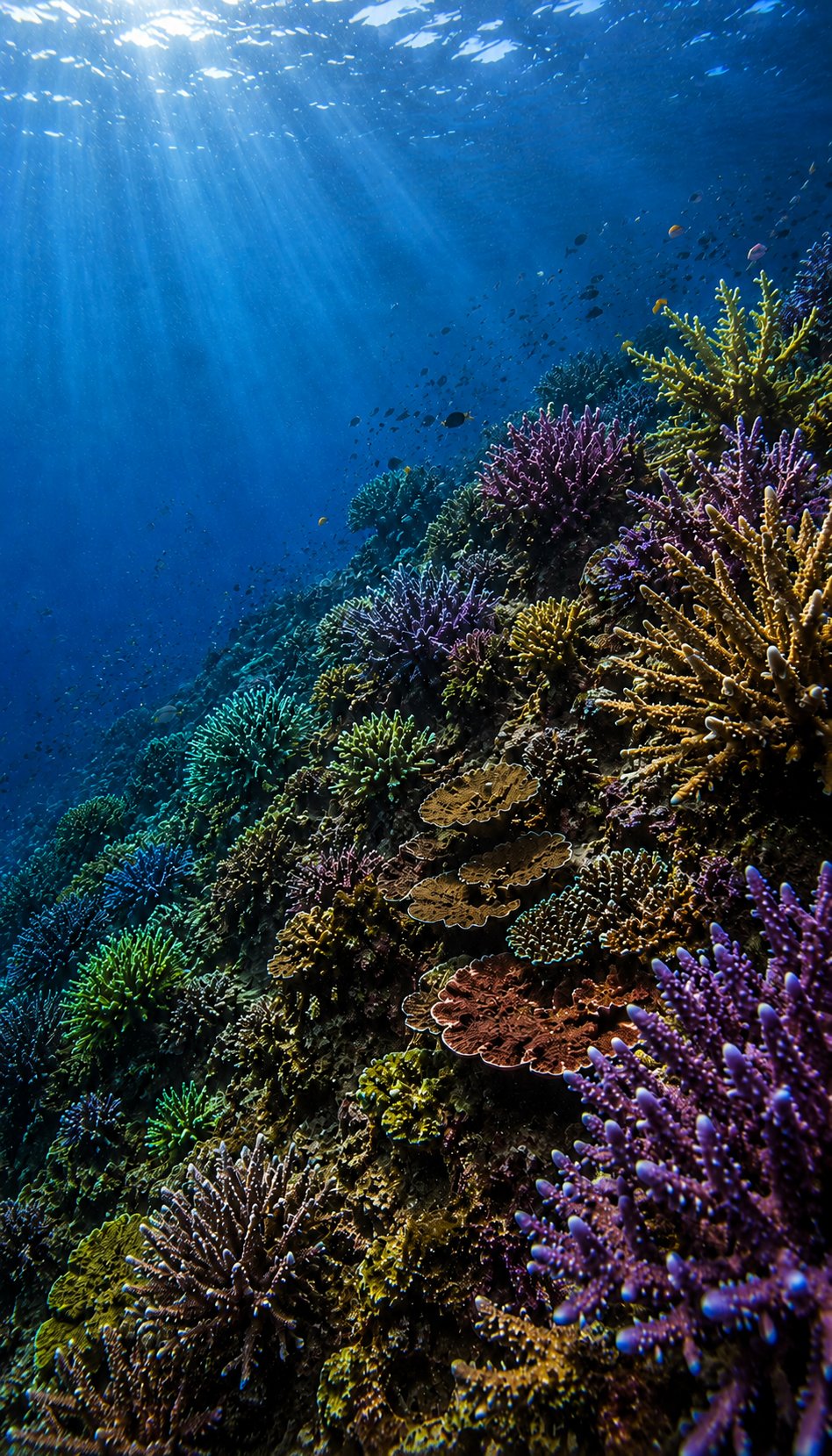 Light refracting through a vivid shallow coral reef