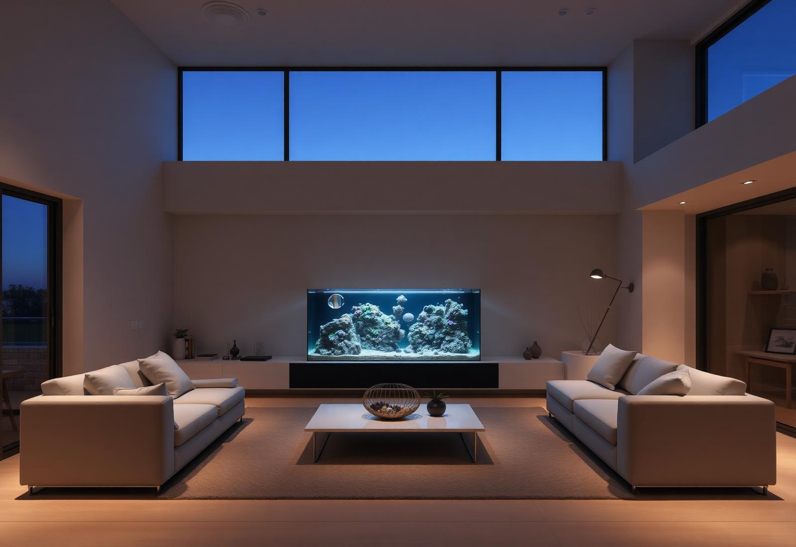 A quiet living room with a softly glowing reef aquarium at dusk