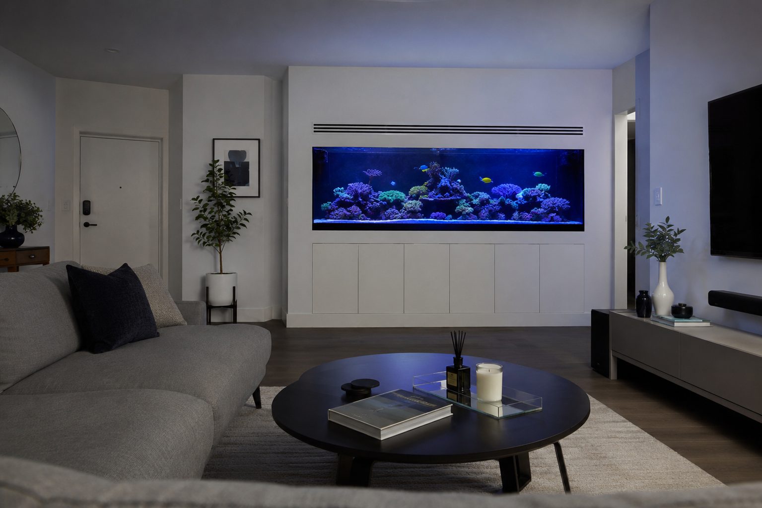 A quiet living room with a softly glowing reef aquarium at dusk